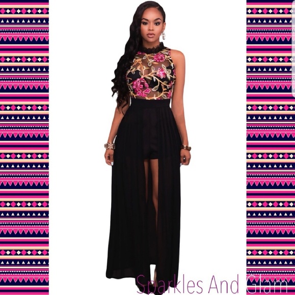 Black sheer floral romper 1 piece dress - Picture 1 of 6